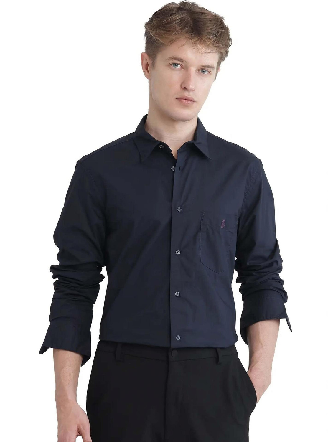 Image of RARE RABBIT Men Solid Casual Dark Blue Shirt