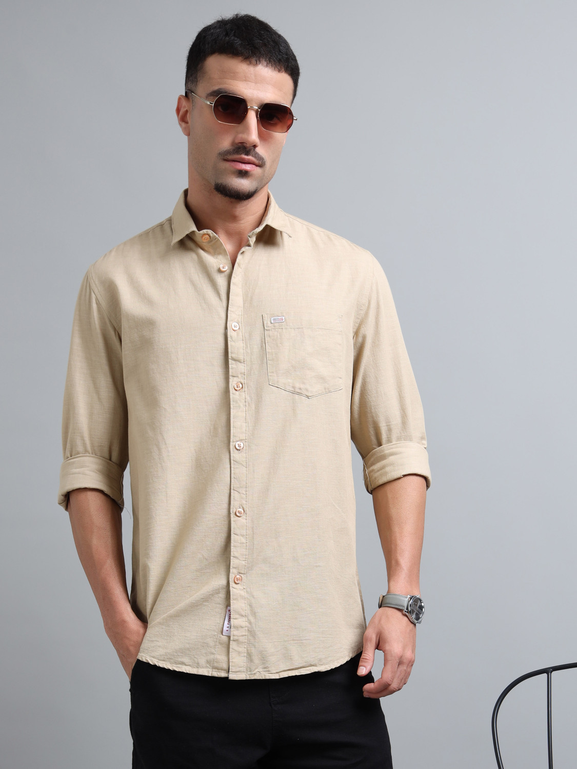 Image of U.S. Pitchers Men Solid Casual Beige Shirt