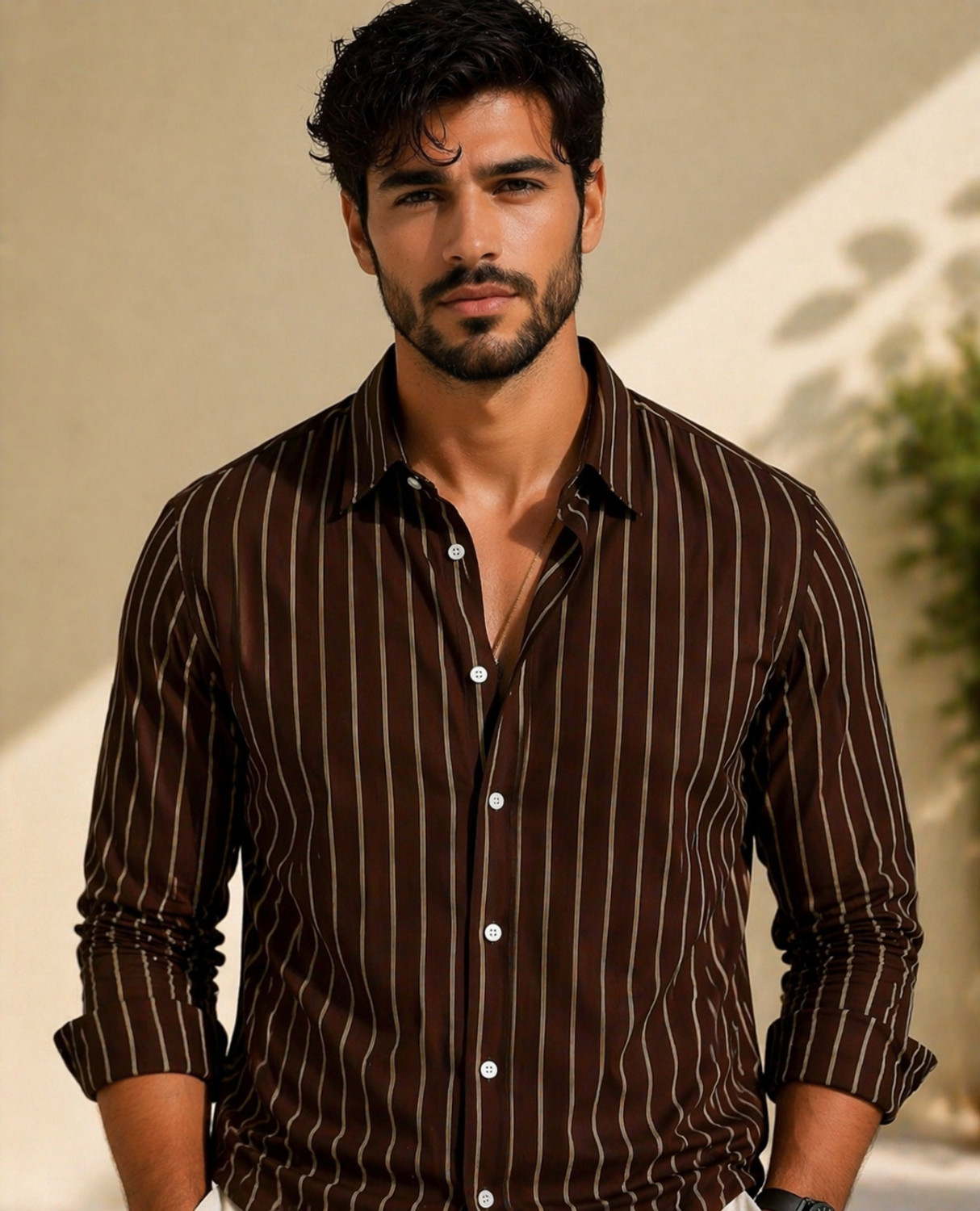 Image of METRONAUT Men Striped Casual Brown Shirt