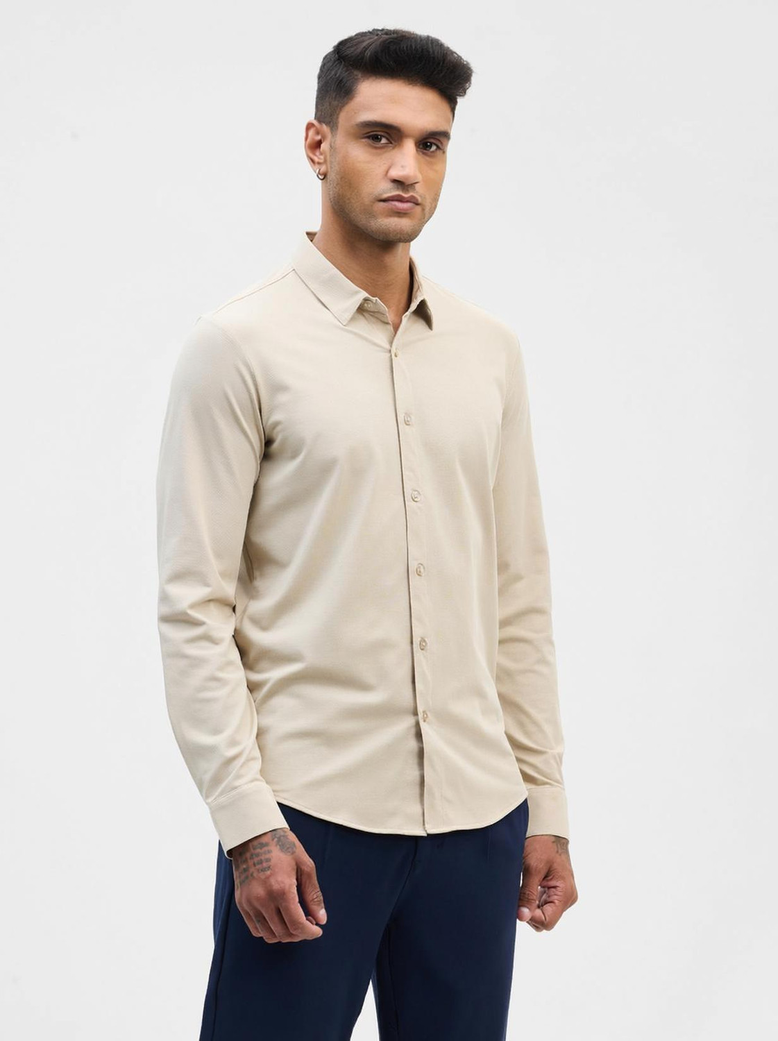 Image of Snitch Men Solid Formal Beige Shirt
