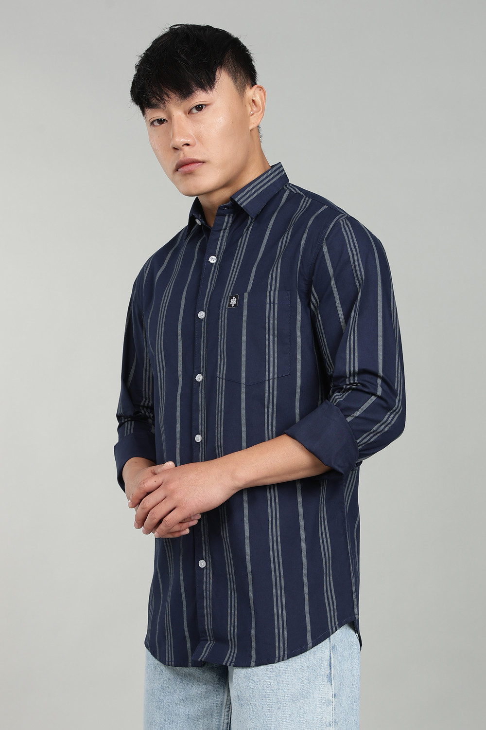 Image of sti Men Striped Casual Dark Blue Shirt