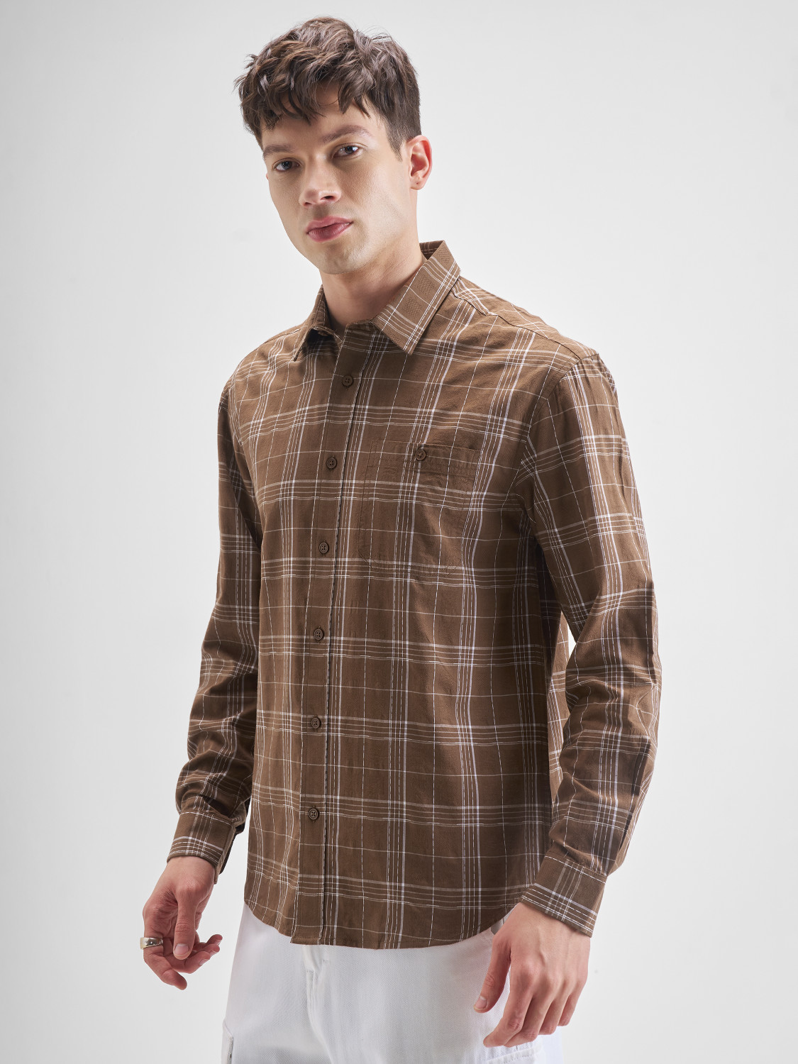 Image of HIGHLANDER Men Checkered Casual Brown Shirt