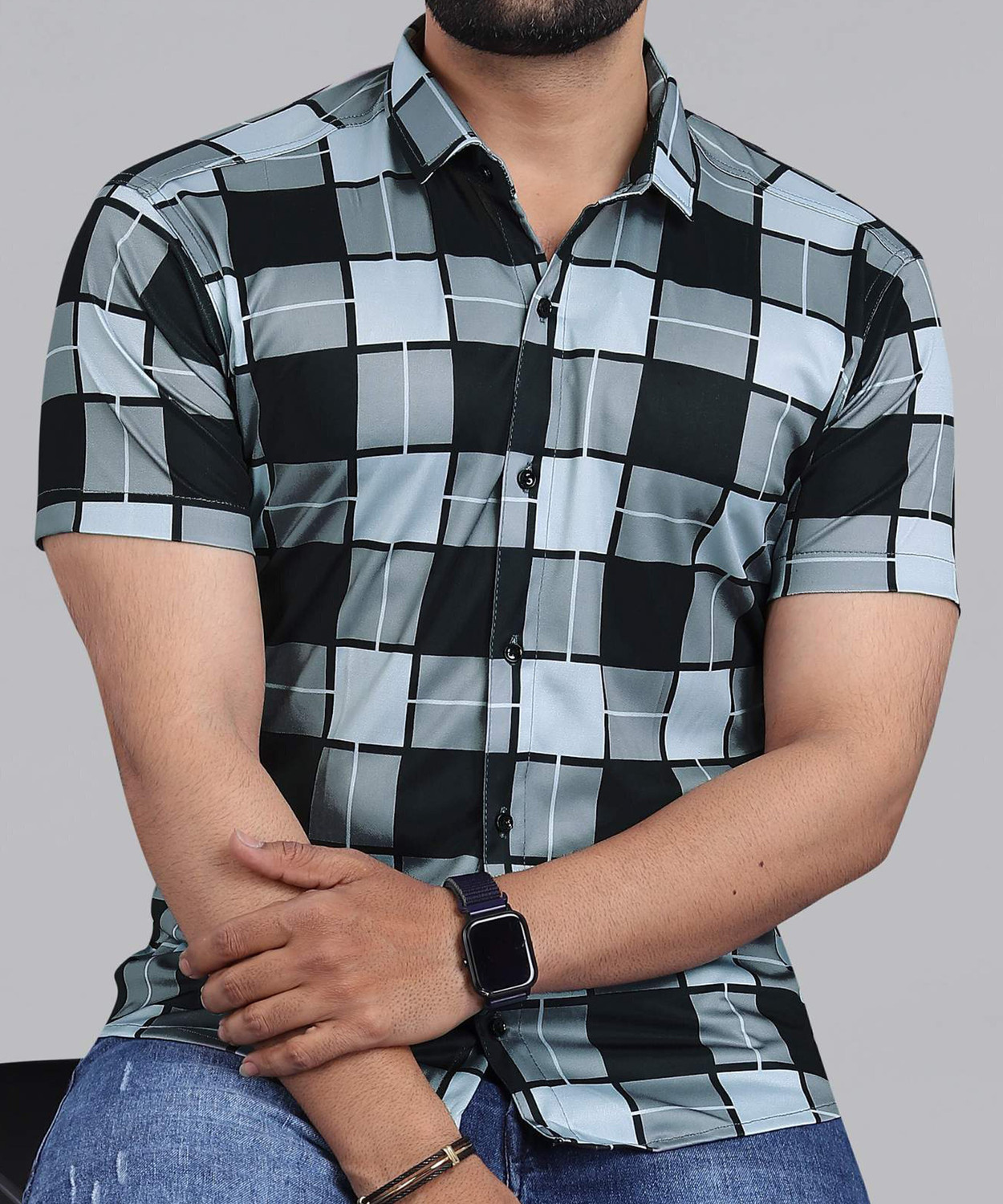 Image of DBEX Men Checkered Casual Black, Grey, Light Blue Shirt