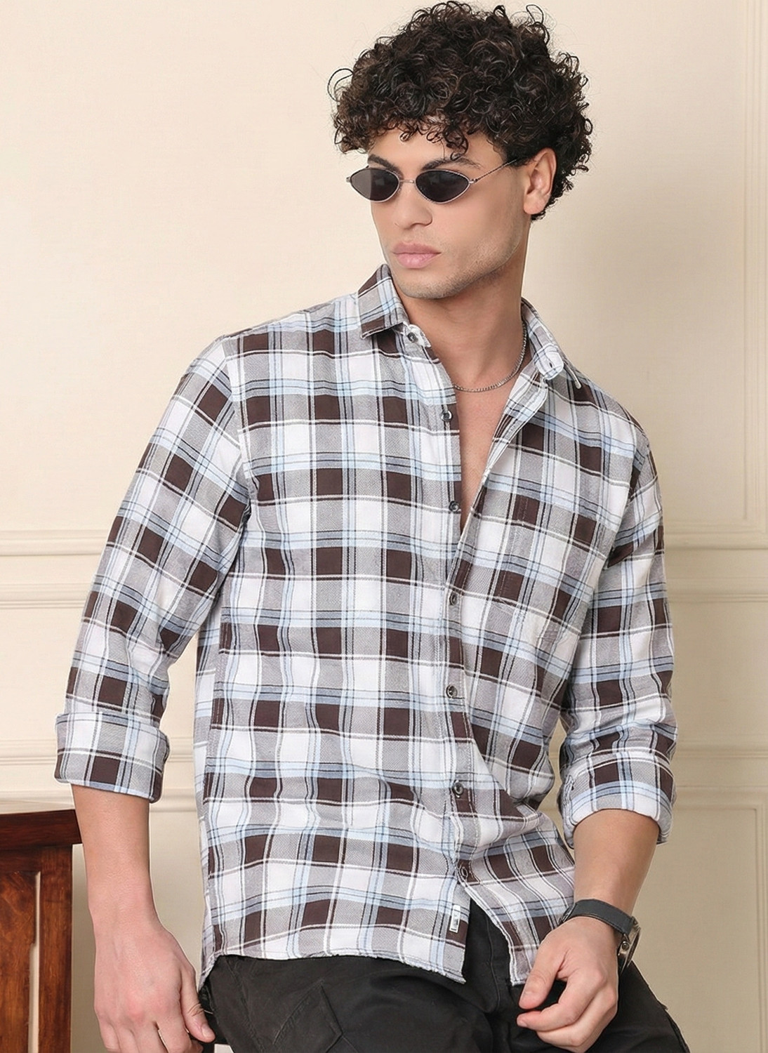 Image of METRONAUT Men Checkered Casual Brown, White Shirt