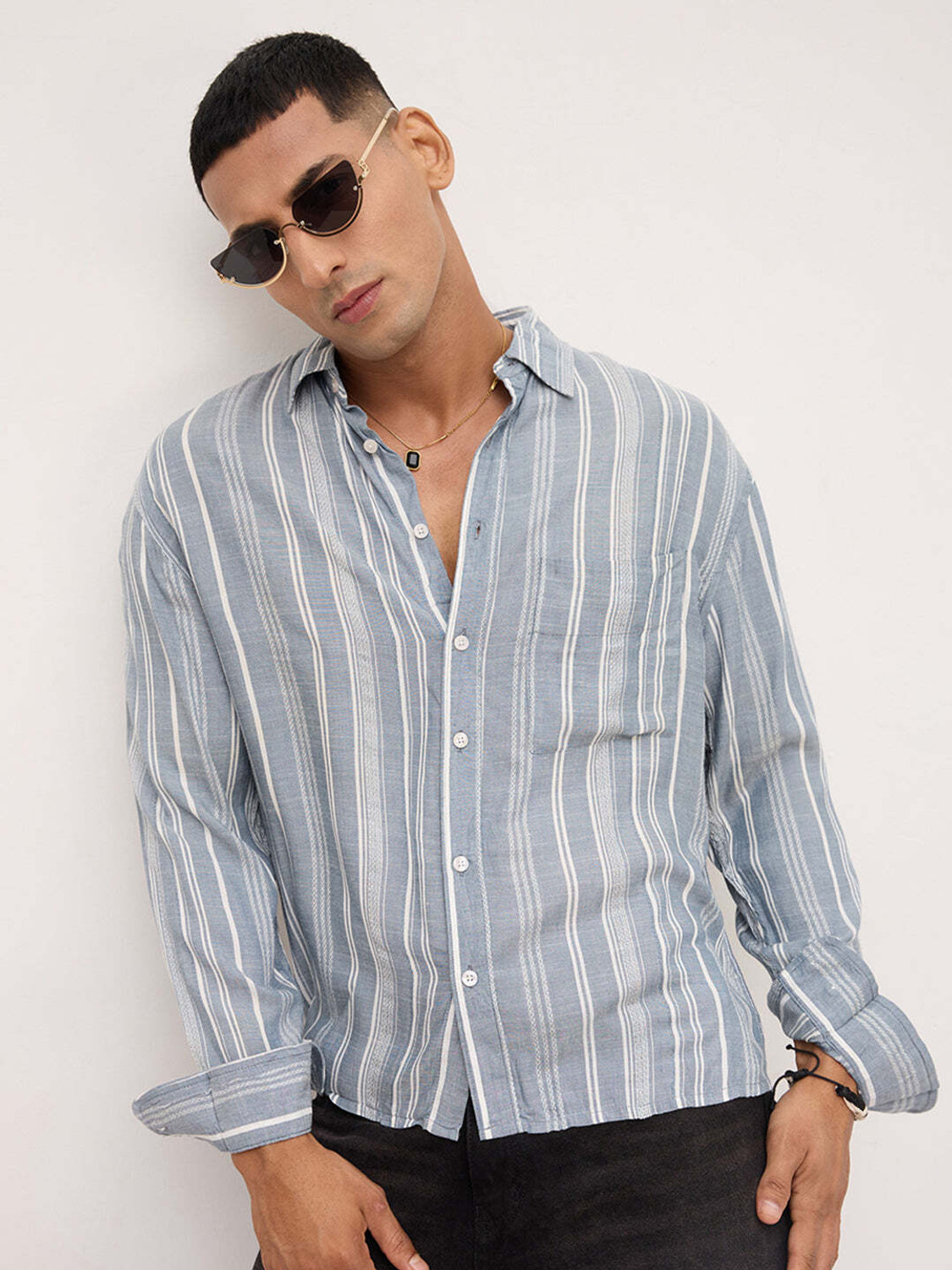Image of VASTRADO Men Oversized Fit Striped Cut Away Collar Casual Shirt