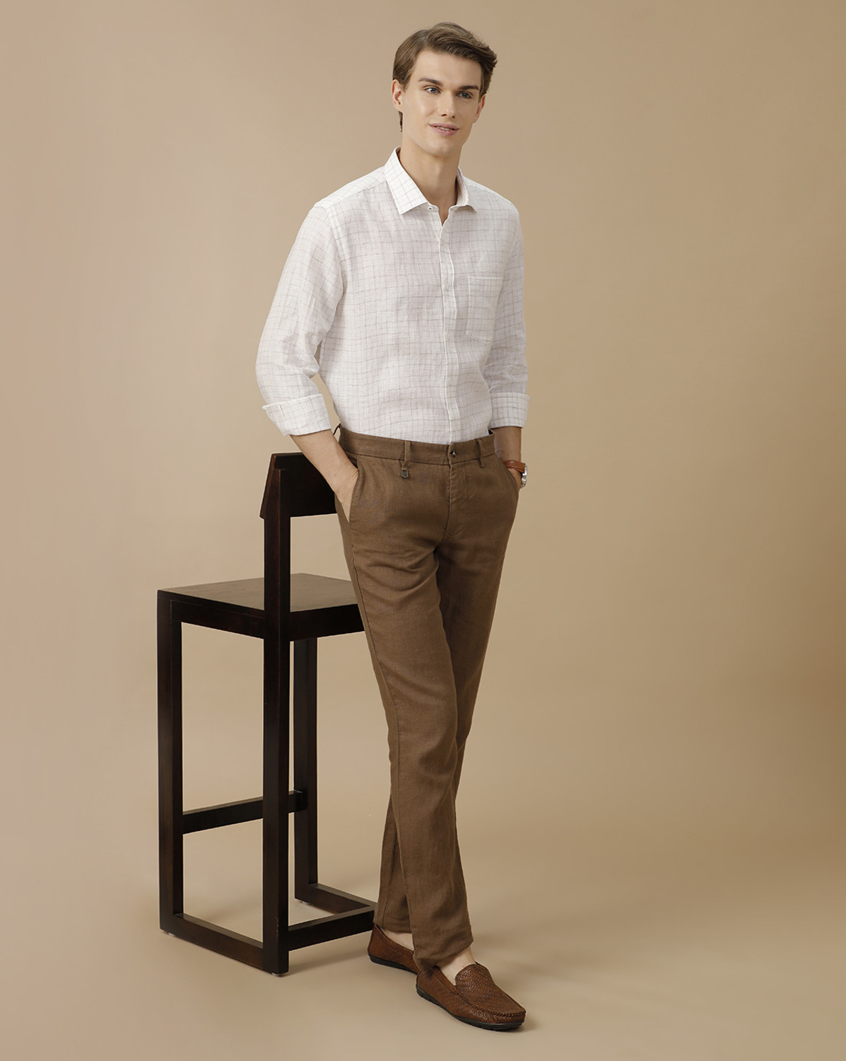 Image of Linen Club Men Checkered Casual White Shirt