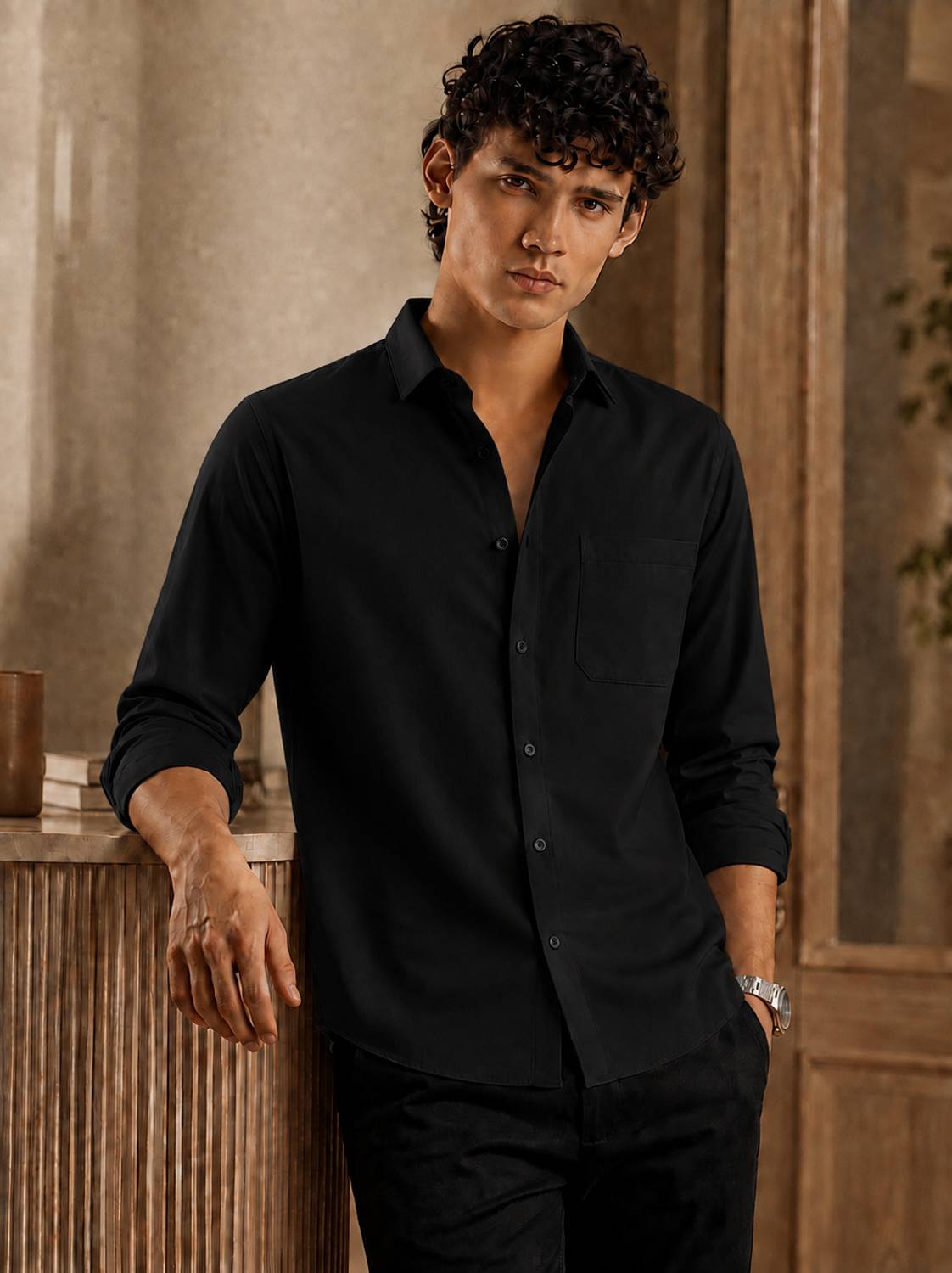 mozero Men Solid Casual Black, Brown Shirt - Image 3