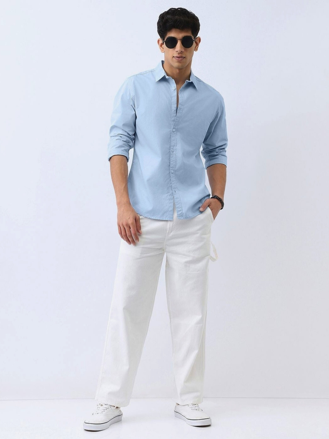 Image of URBANICE Men Solid Casual Light Blue Shirt