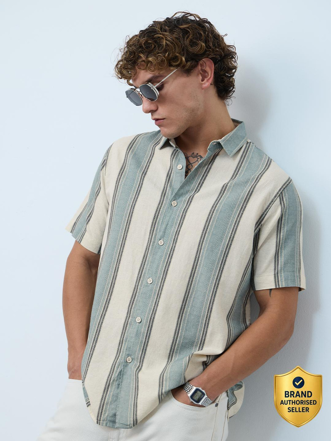Image of The Souled Store Men Striped Casual Light Green Shirt