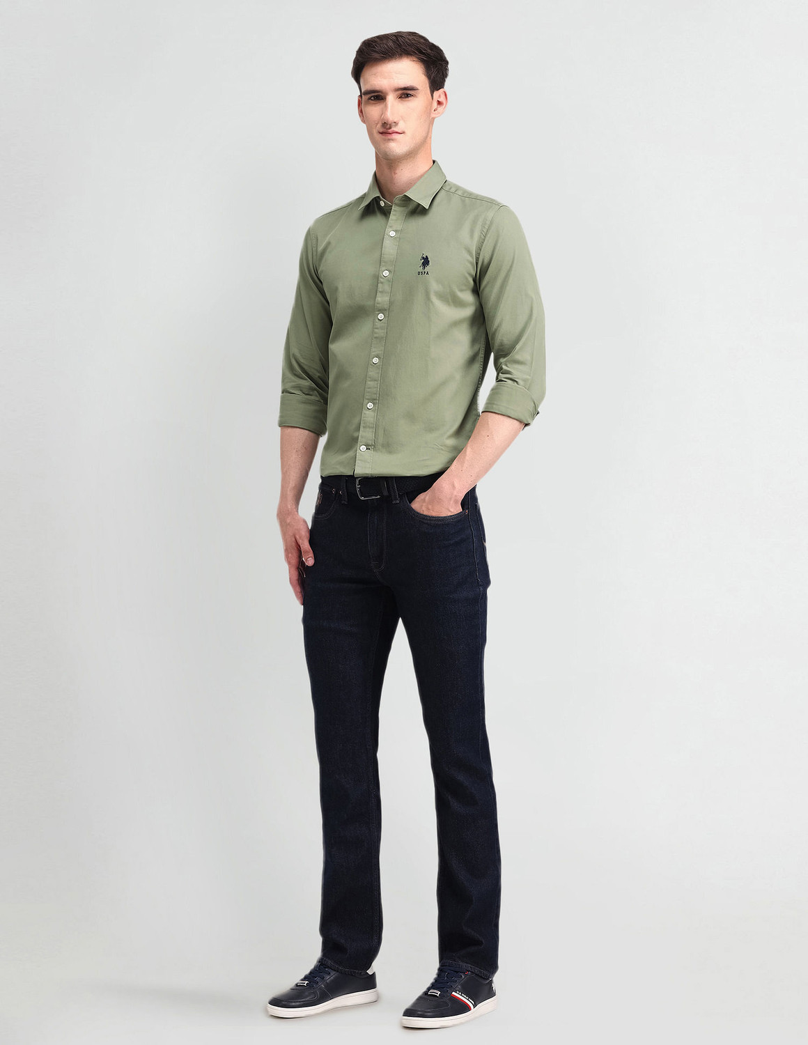 Image of U.S. POLO ASSN. Men Solid Formal Green Shirt