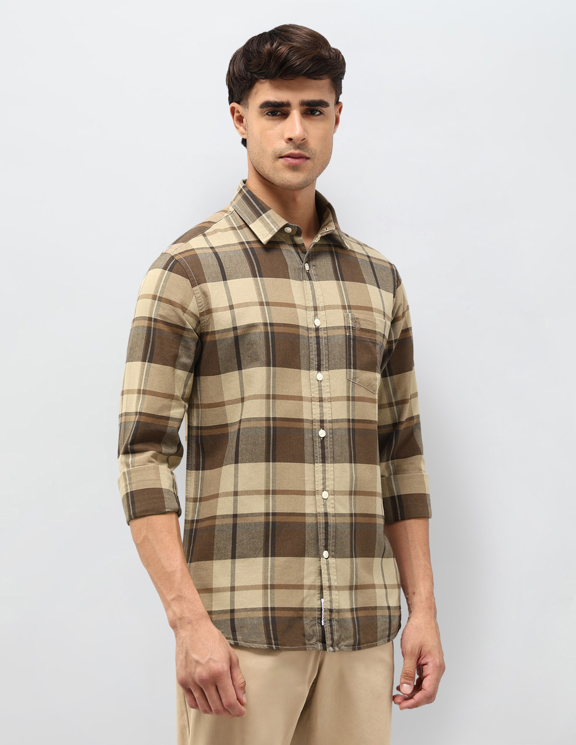 Image of U.S. POLO ASSN. Men Checkered Casual Brown, Beige Shirt