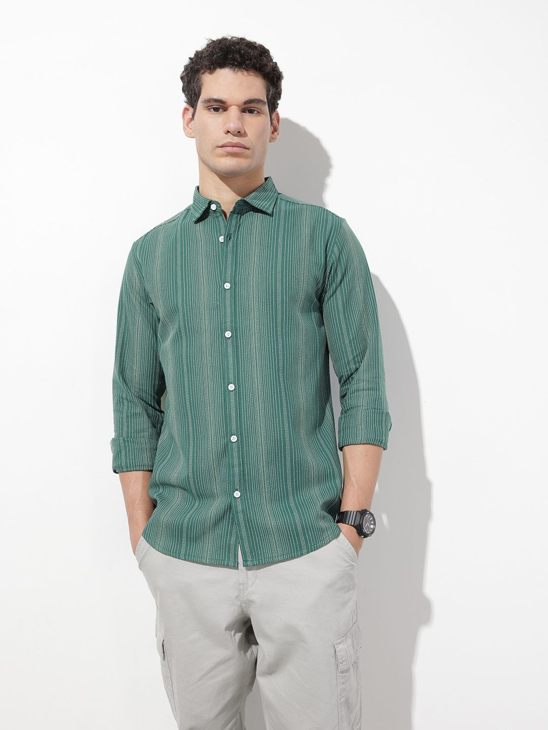 Image of Roadster Men Striped Casual Green Shirt
