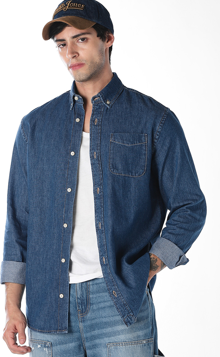 Image of JACK & JONES Men Solid Casual Blue Shirt