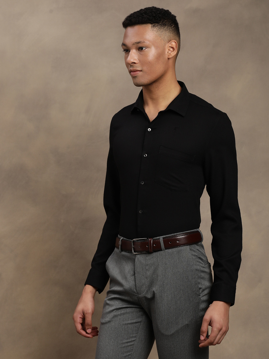 Image of TURTLE Men Self Design Formal Black Shirt