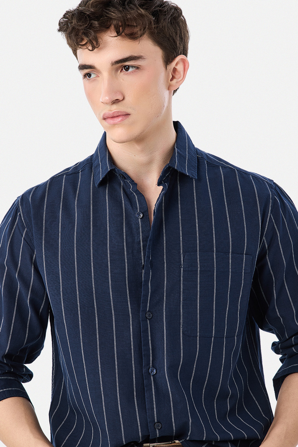 Image of Snitch Men Striped Casual Dark Blue Shirt