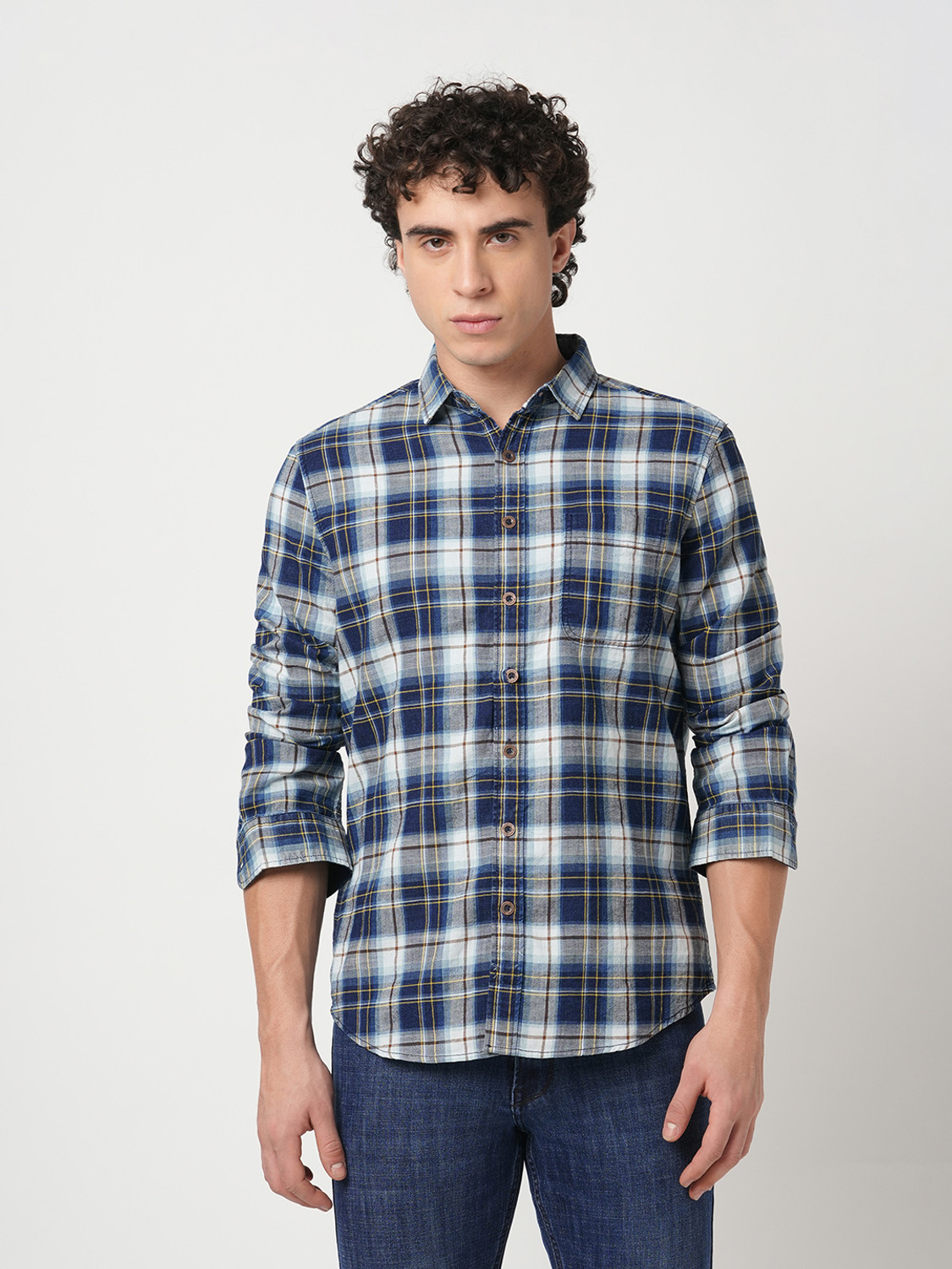 Image of Blue Buddha Men Checkered Casual Yellow Shirt
