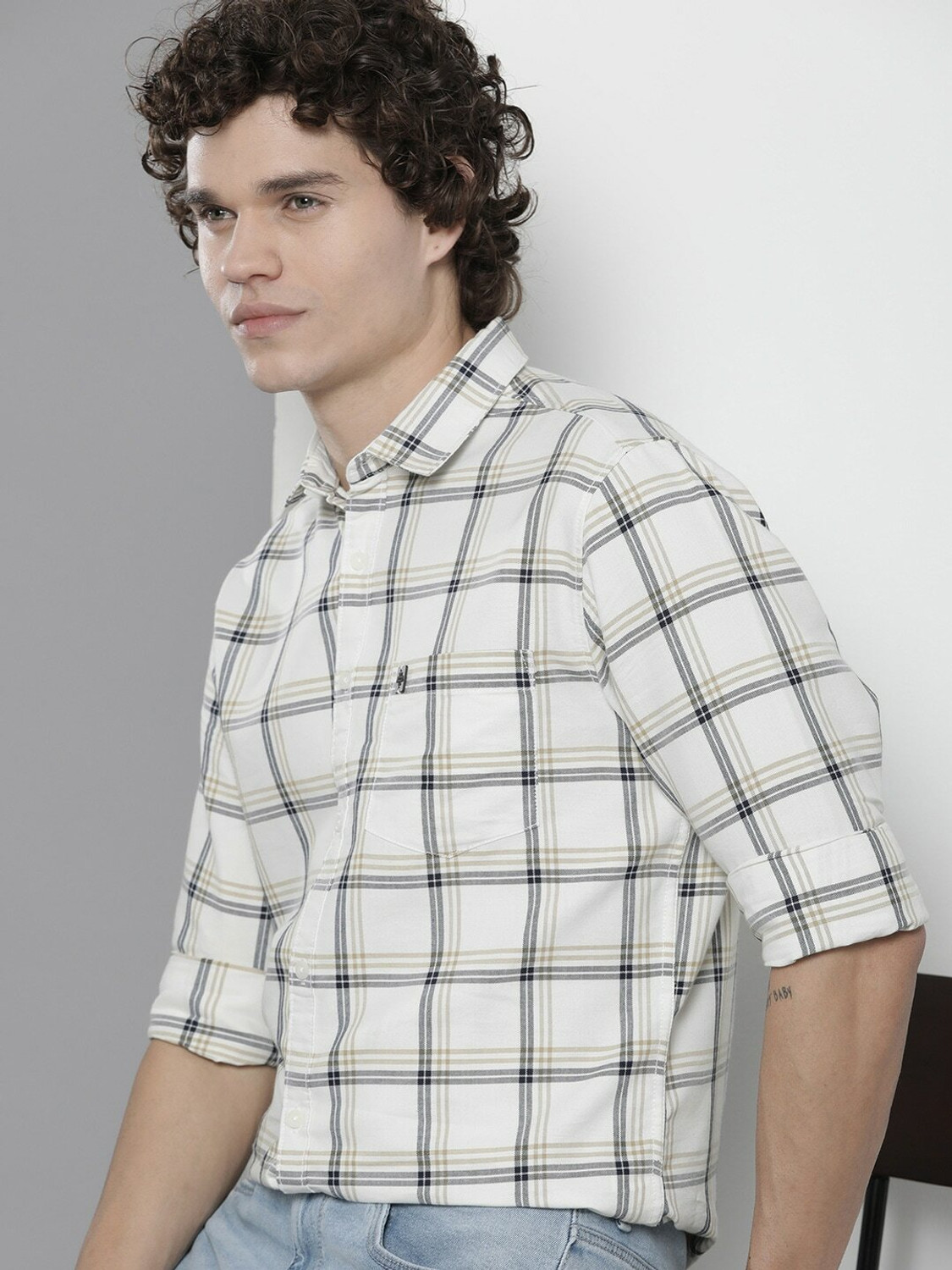 Image of The Indian Garage Co. Men Checkered Casual White Shirt