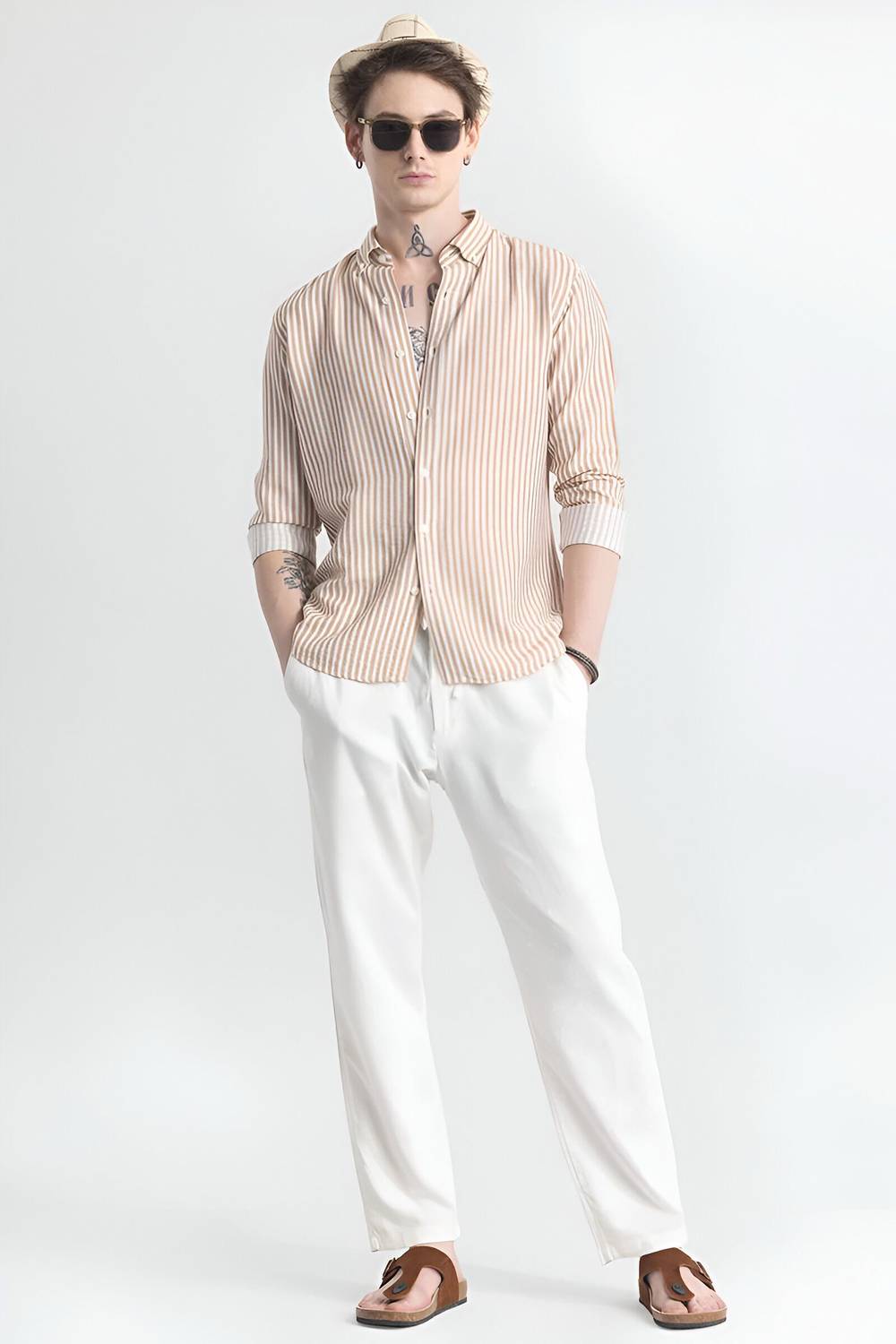 RODEIZ Men Beige Striped Casual Shirt - Image 5