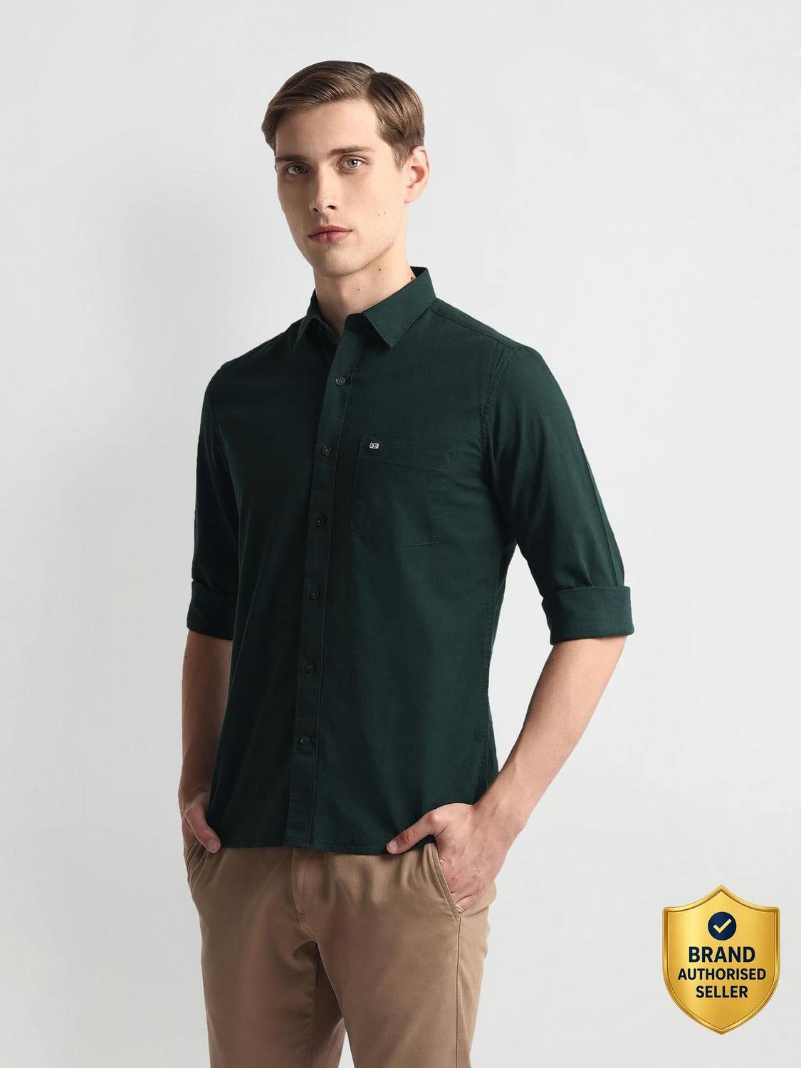 Arrow Sport Men Solid Casual Dark Green Shirt