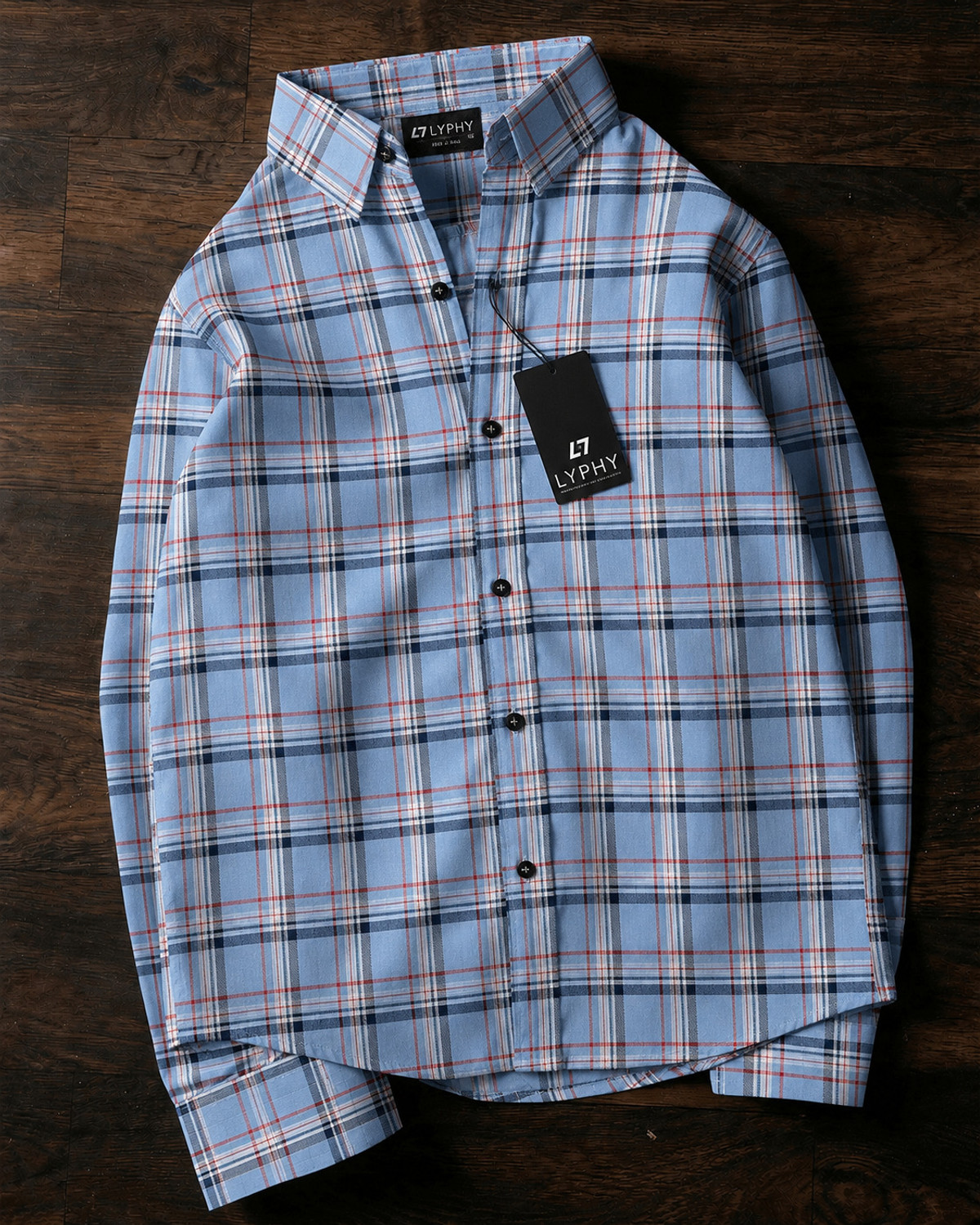Image of Lyphy Men Checkered Casual Light Blue Shirt