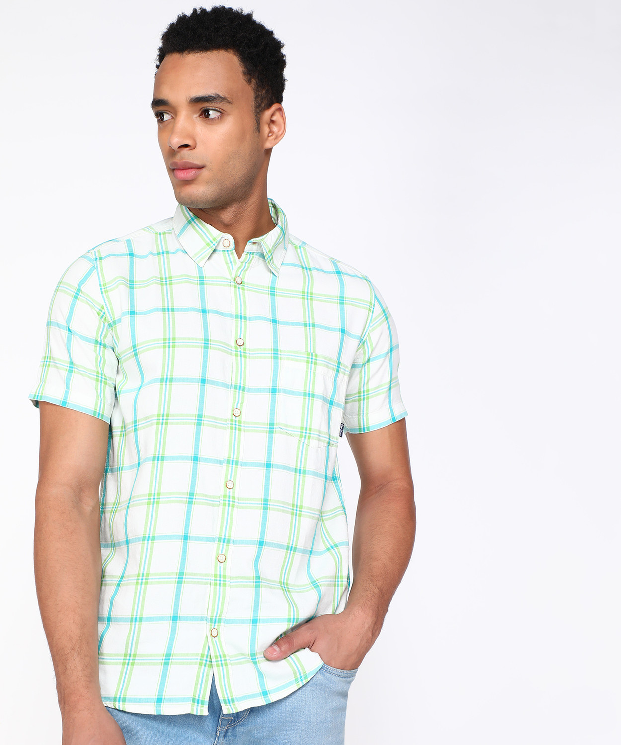 Image of Pepe Jeans Men Checkered Casual Green Shirt