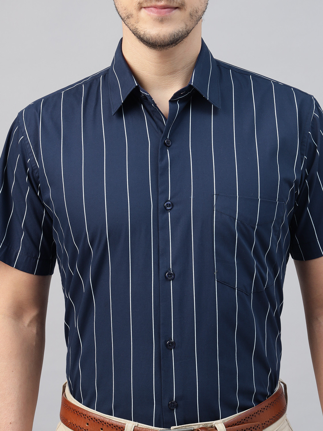 Image of Hancock Men Striped Formal Dark Blue Shirt