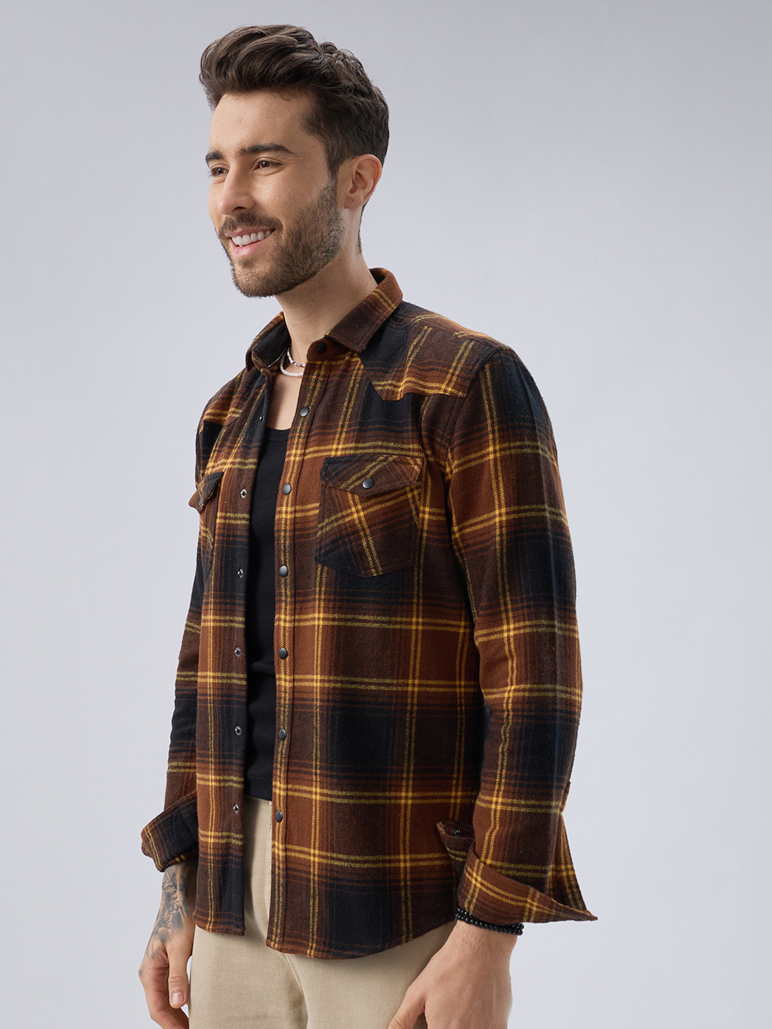 Image of VASTRADO Men Checkered Casual Brown Shirt