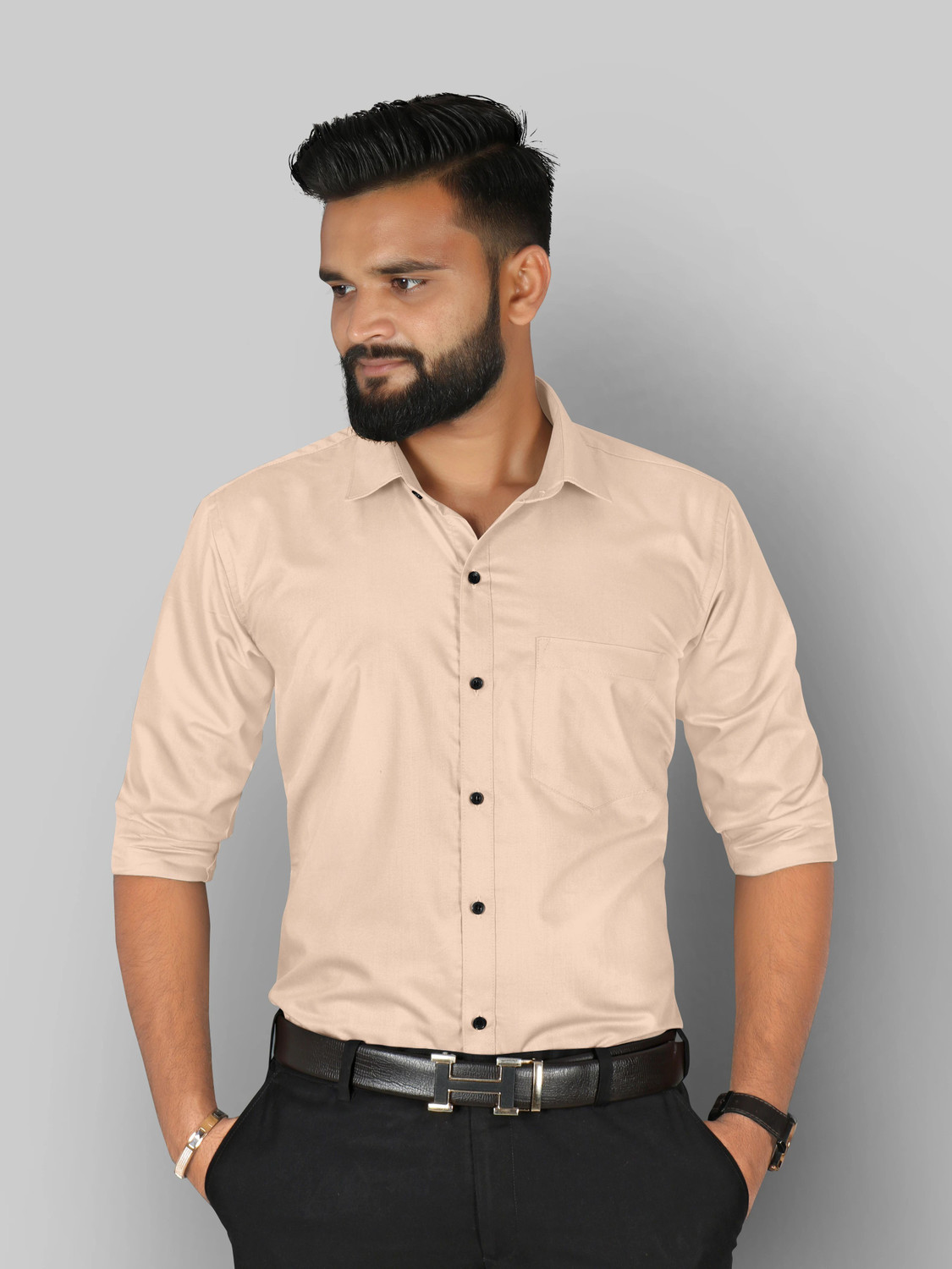 Image of FIBERMILL Men Solid Formal Beige Shirt