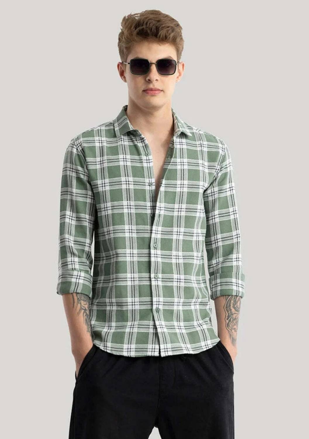 METRONAUT Men Green Checkered Casual Shirt - Image 4