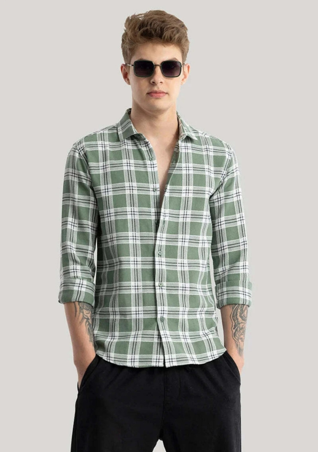 Image of METRONAUT Men Checkered Casual Green Shirt