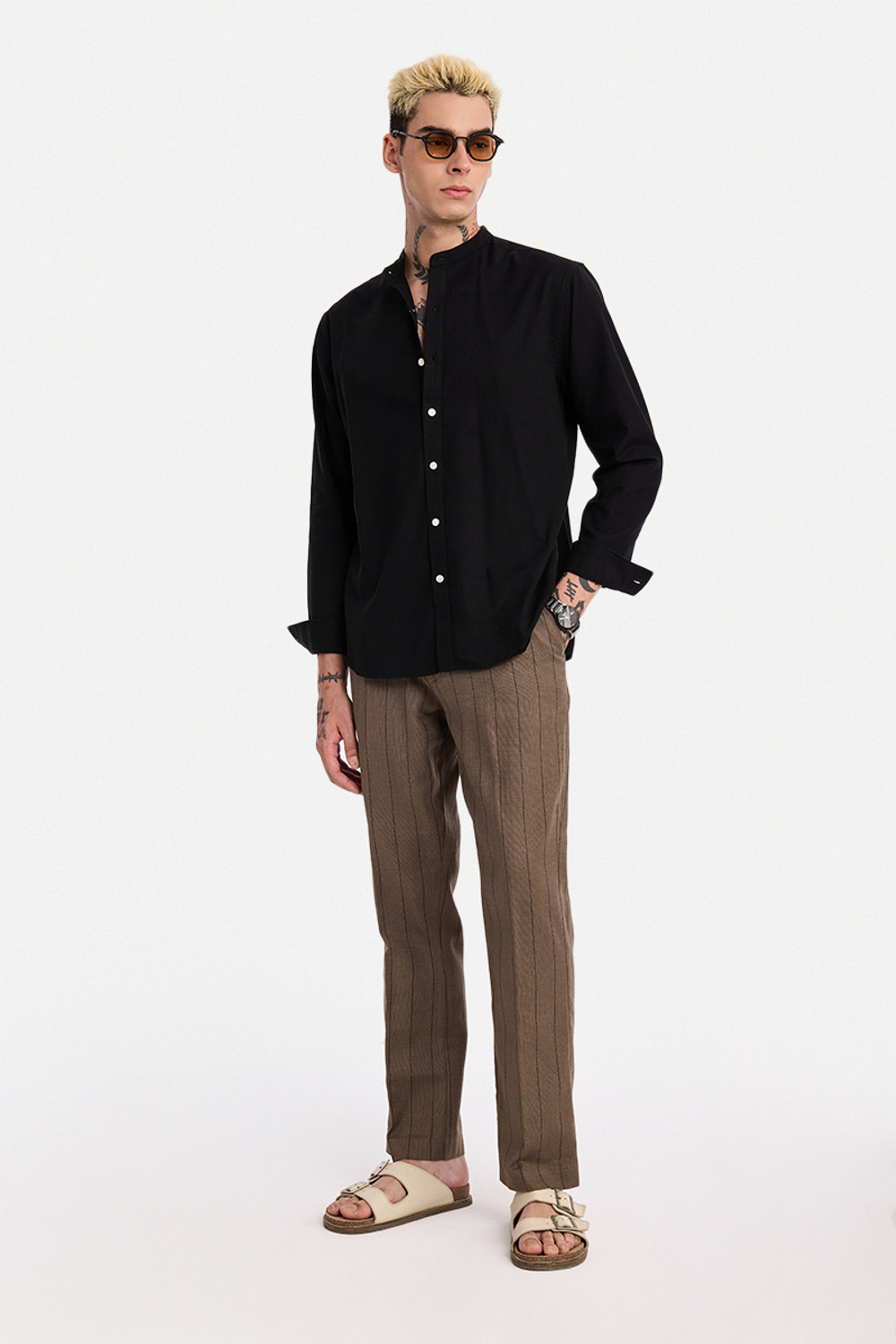 Image of Snitch Men Regular Fit Solid Mandarin Collar Casual Shirt