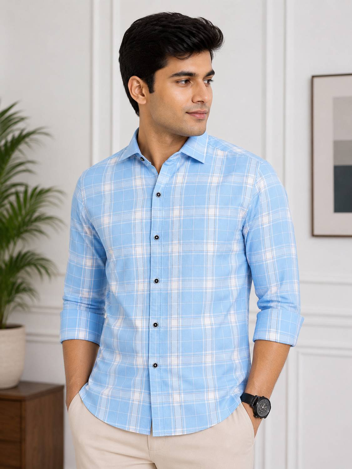 FUBAR Men Blue Checkered Casual Shirt - Image 4