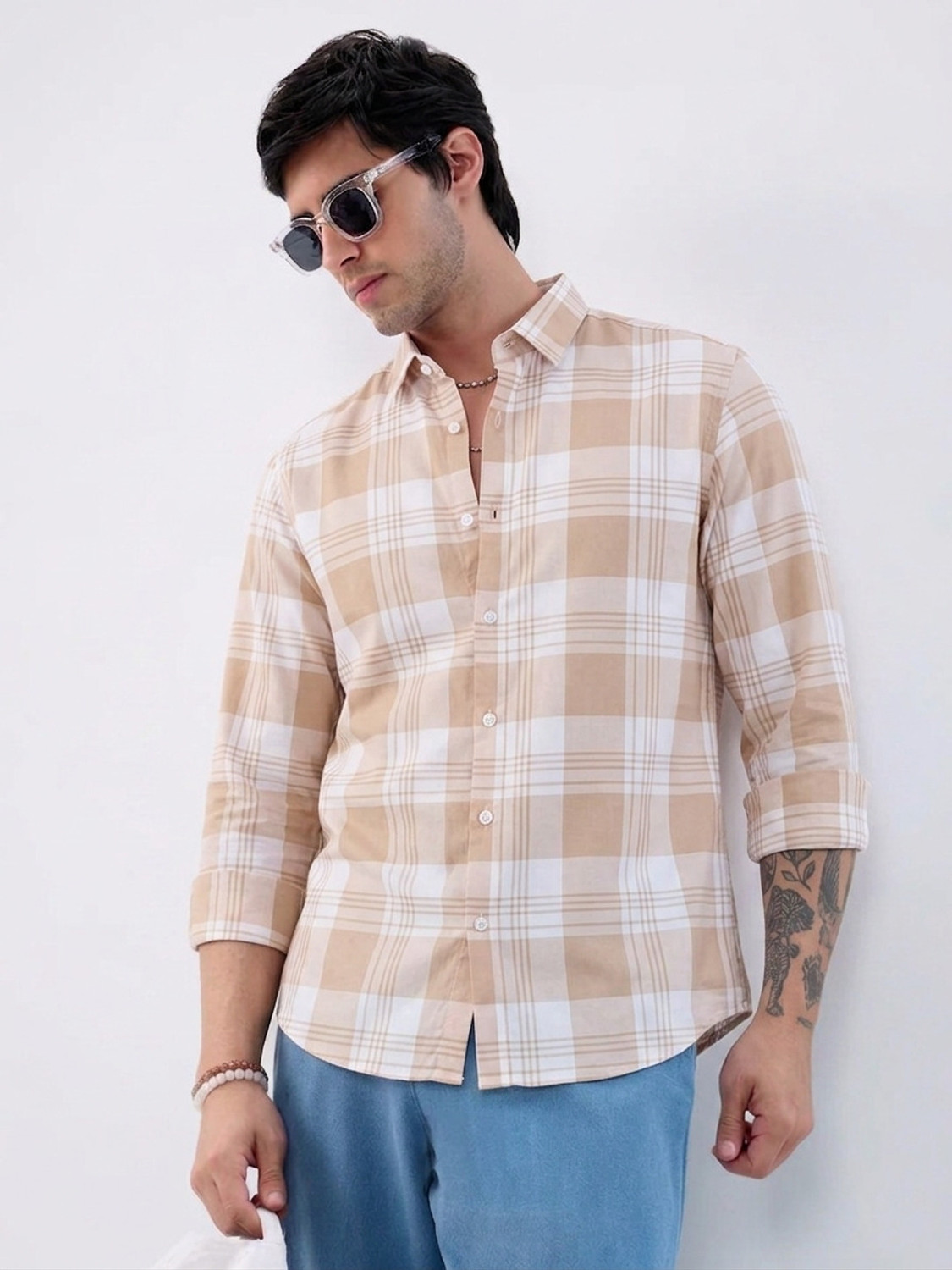 Image of S-LINE Men Checkered Casual Orange Shirt