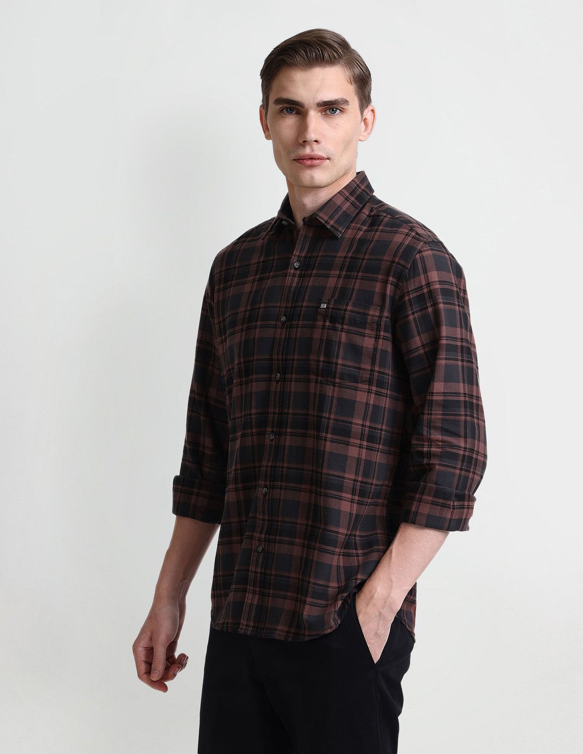 Image of ARROW Men Checkered Casual Brown Shirt