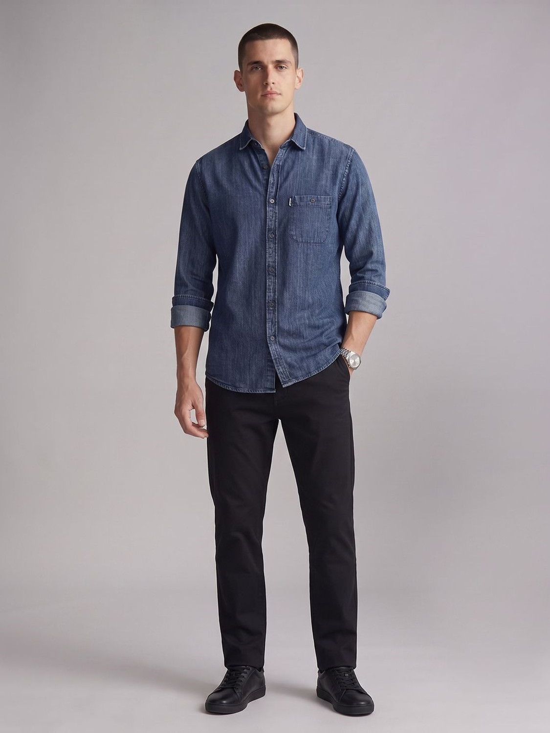 Image of Louis Philippe Jeans Men Solid Casual Blue Shirt