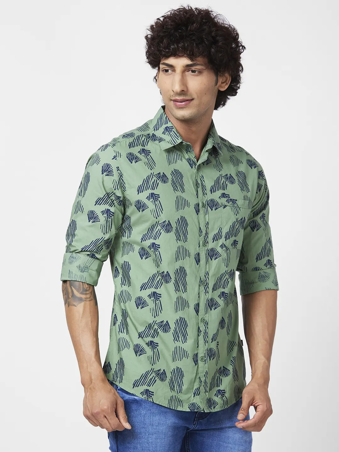 Image of Spykar Men Printed Casual Green Shirt