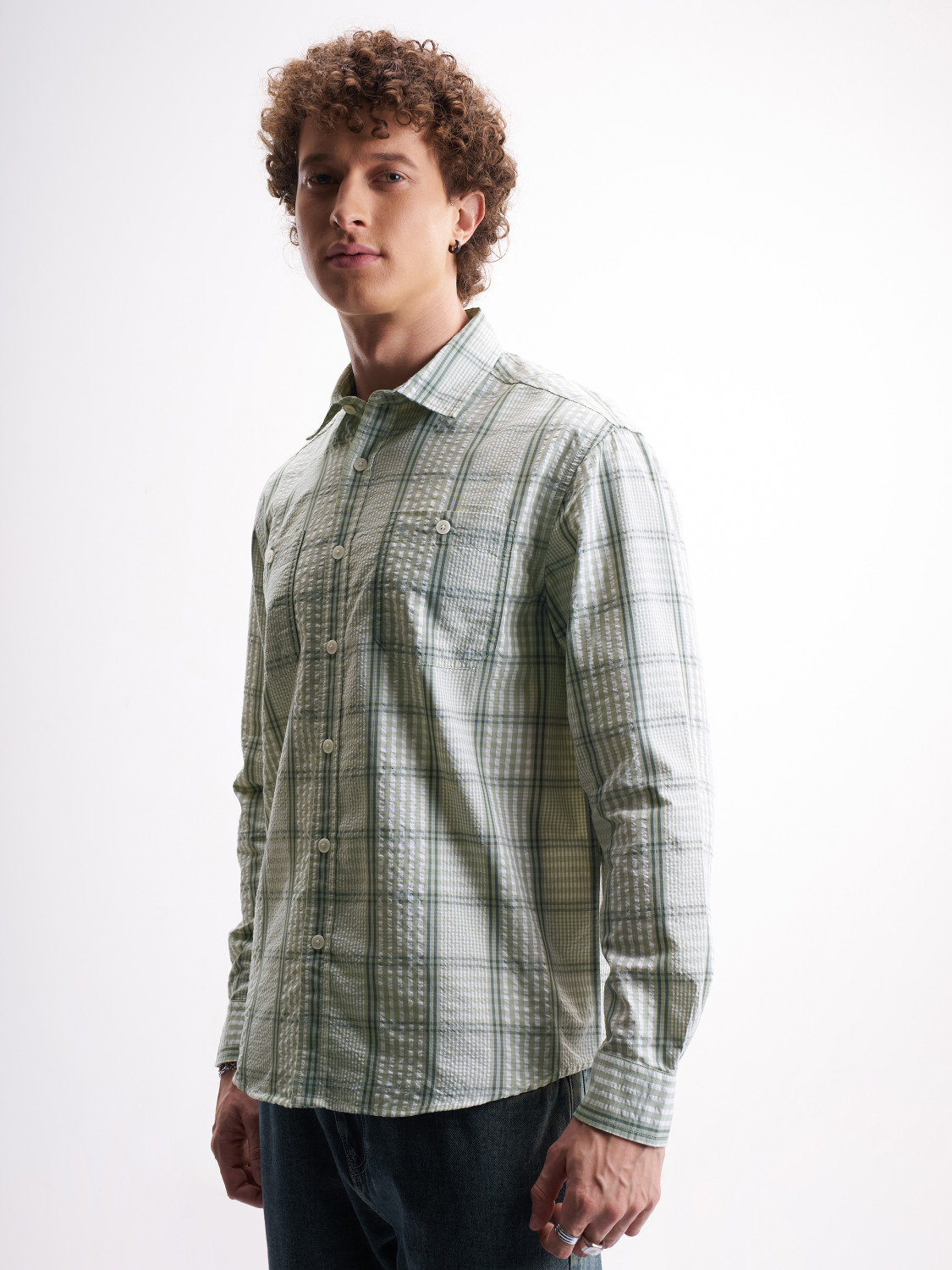 Image of HIGHLANDER Men Checkered Casual Green Shirt
