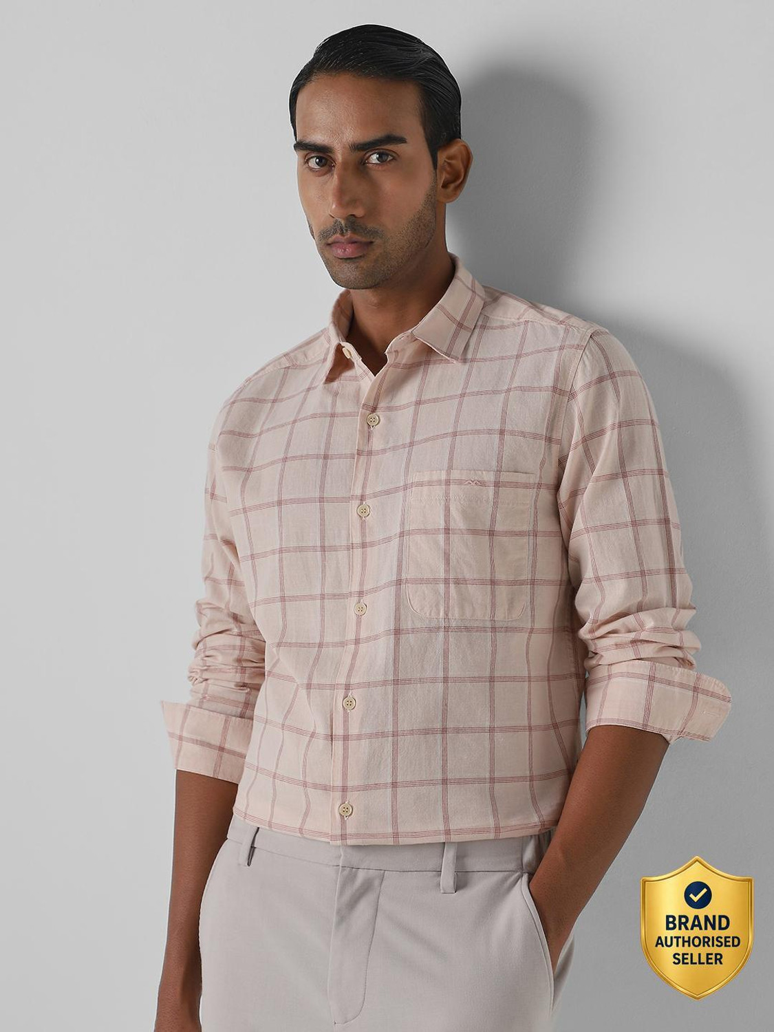 Image of MUFTI Men Checkered Casual Pink Shirt