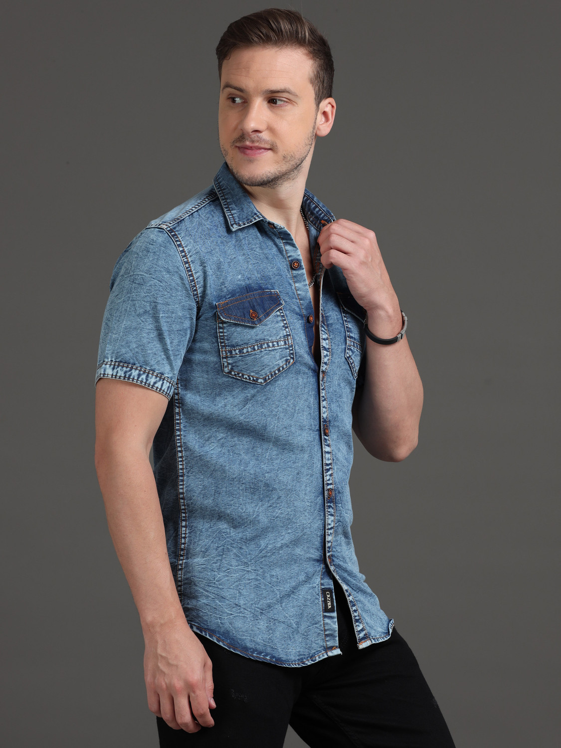 Image of PRINTOUT Men Solid Casual Blue Shirt