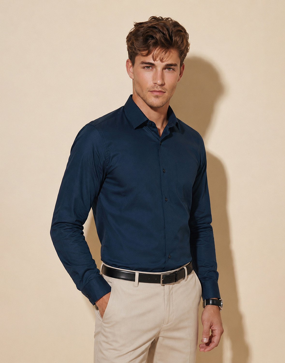 Image of PETER ENGLAND Men Self Design Formal Dark Blue Shirt