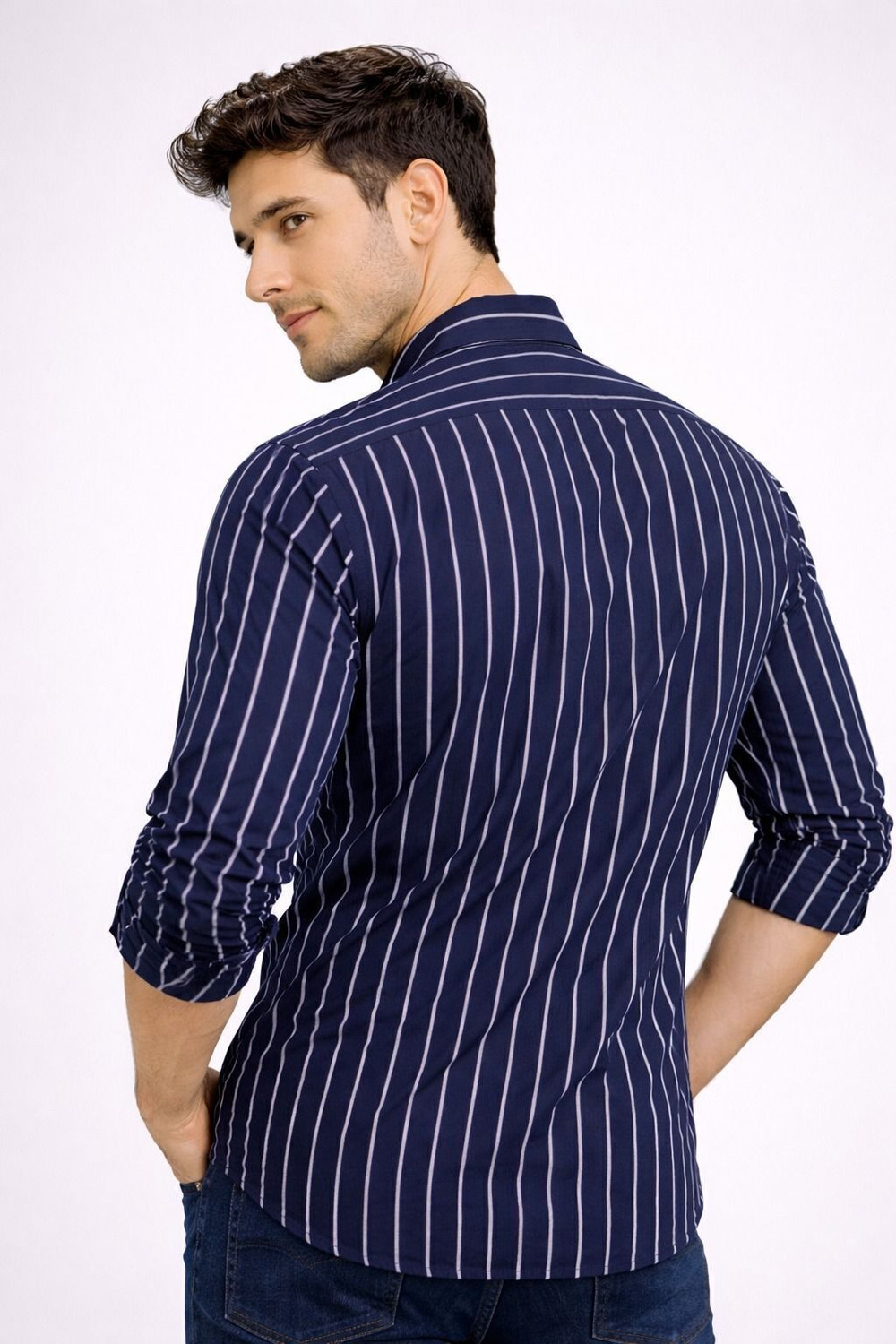 Image of CAMBREEN Men Striped Casual Blue Shirt