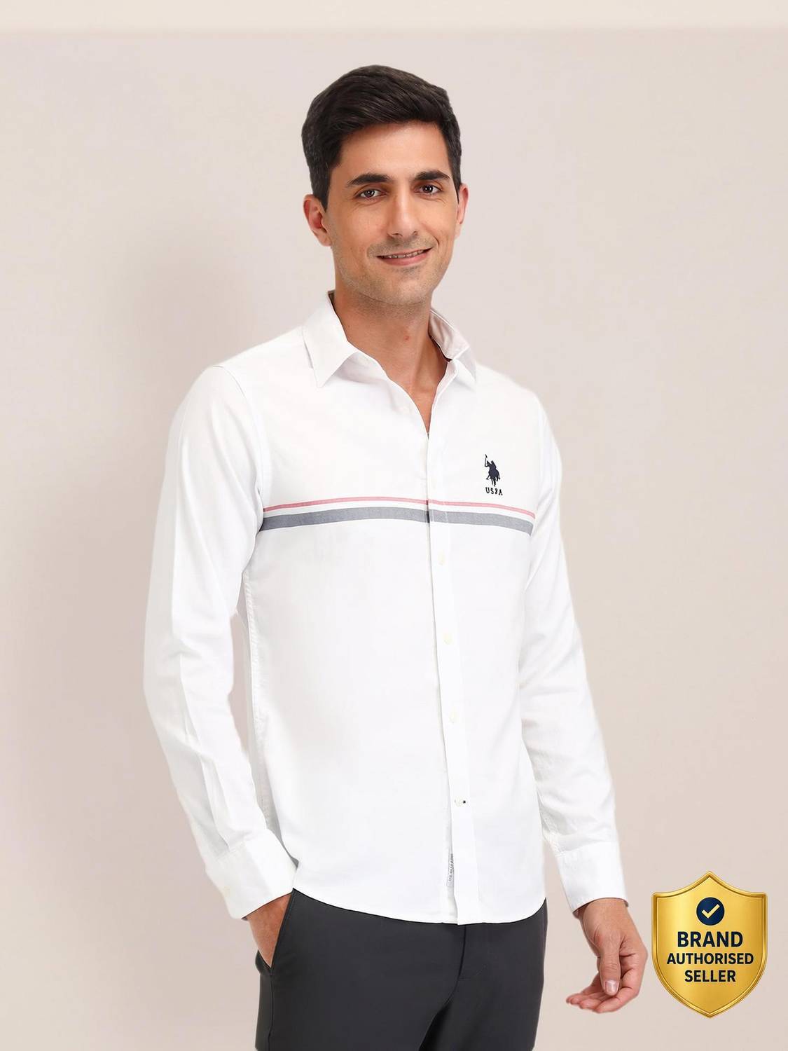 U.S. POLO ASSN. Men Striped Casual White Shirt - Image 1