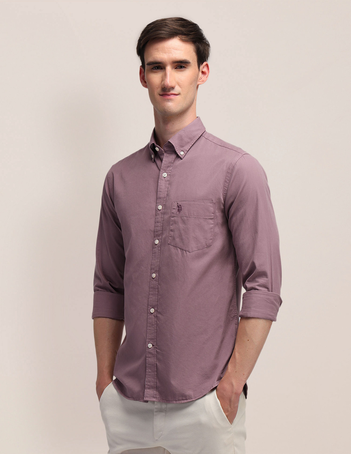 Image of U.S. POLO ASSN. Men Solid Casual Pink Shirt
