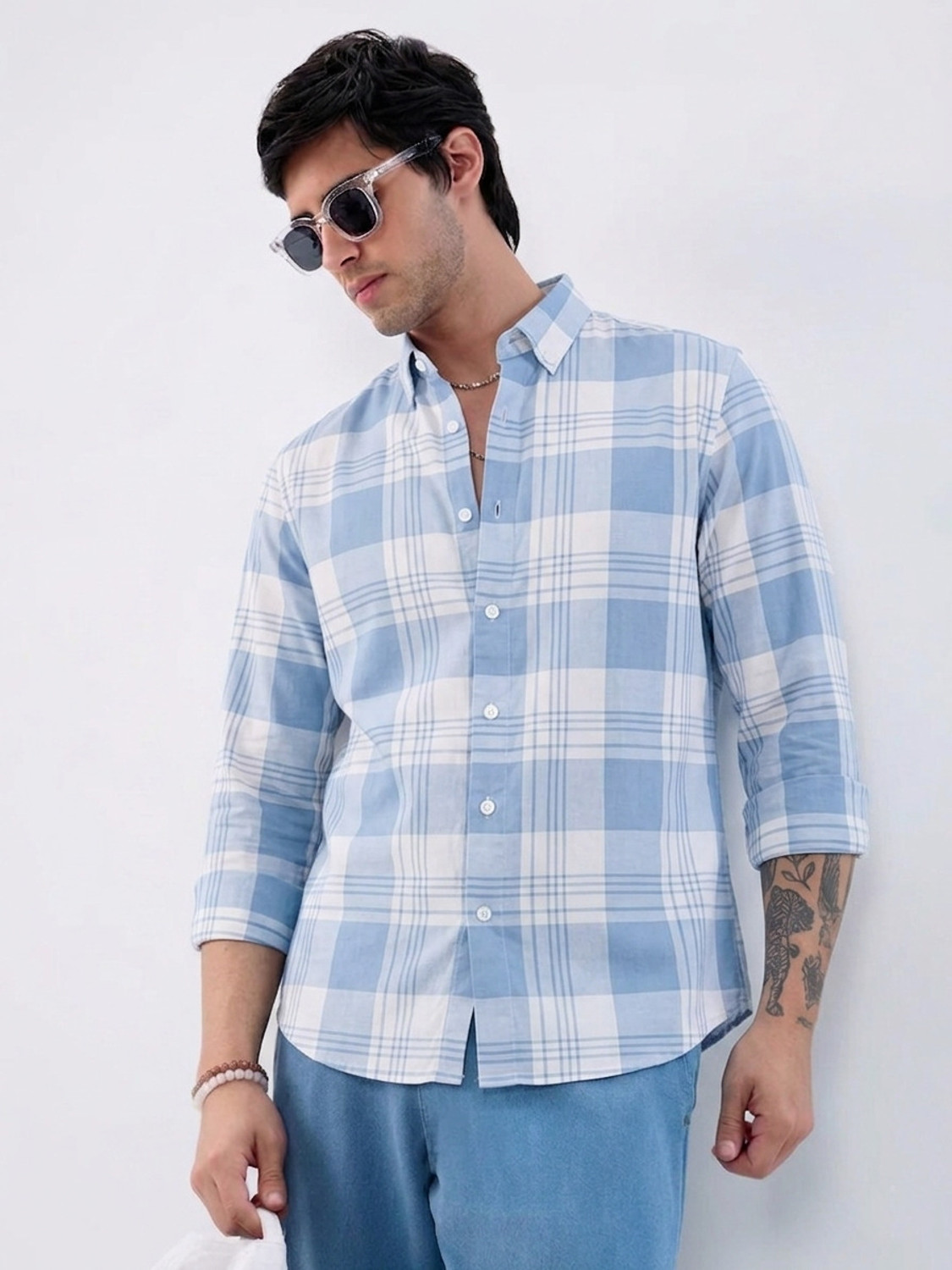 Image of S-LINE Men Checkered Casual Light Blue Shirt