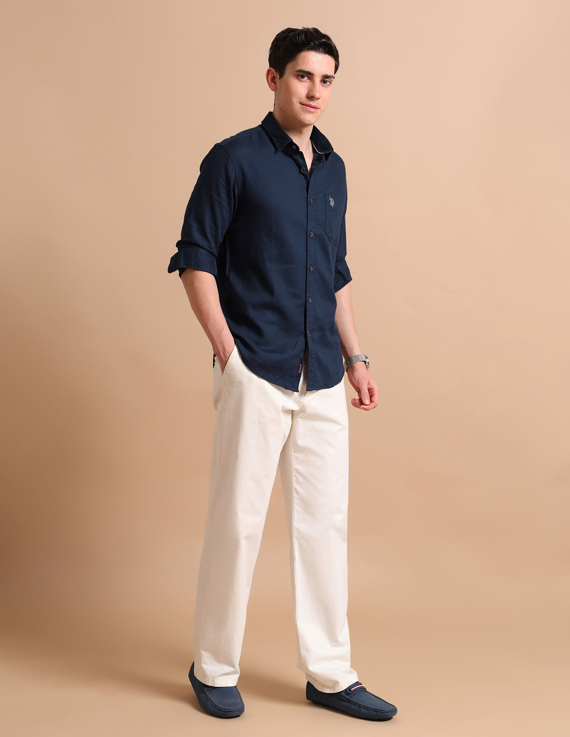 Image of U.S. Polo Assn. Denim Co. Men Solid Casual Dark Blue Shirt