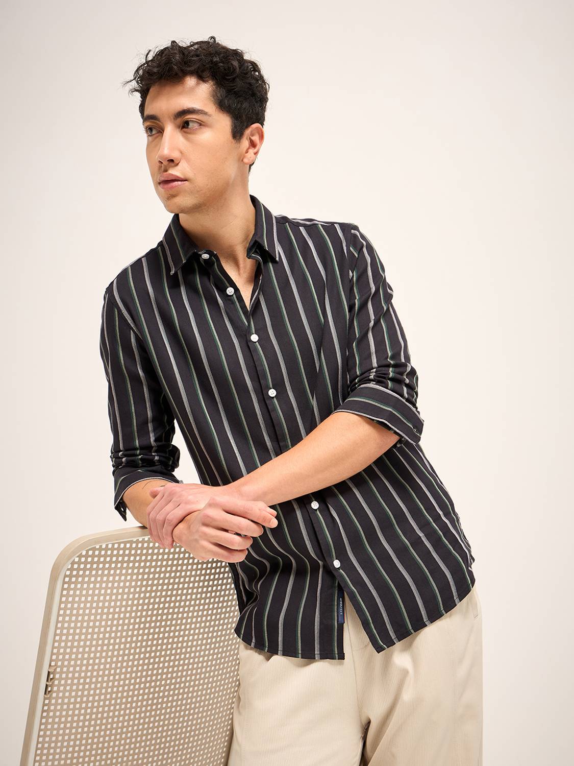 THE BEAR HOUSE Men Striped Casual Black Shirt