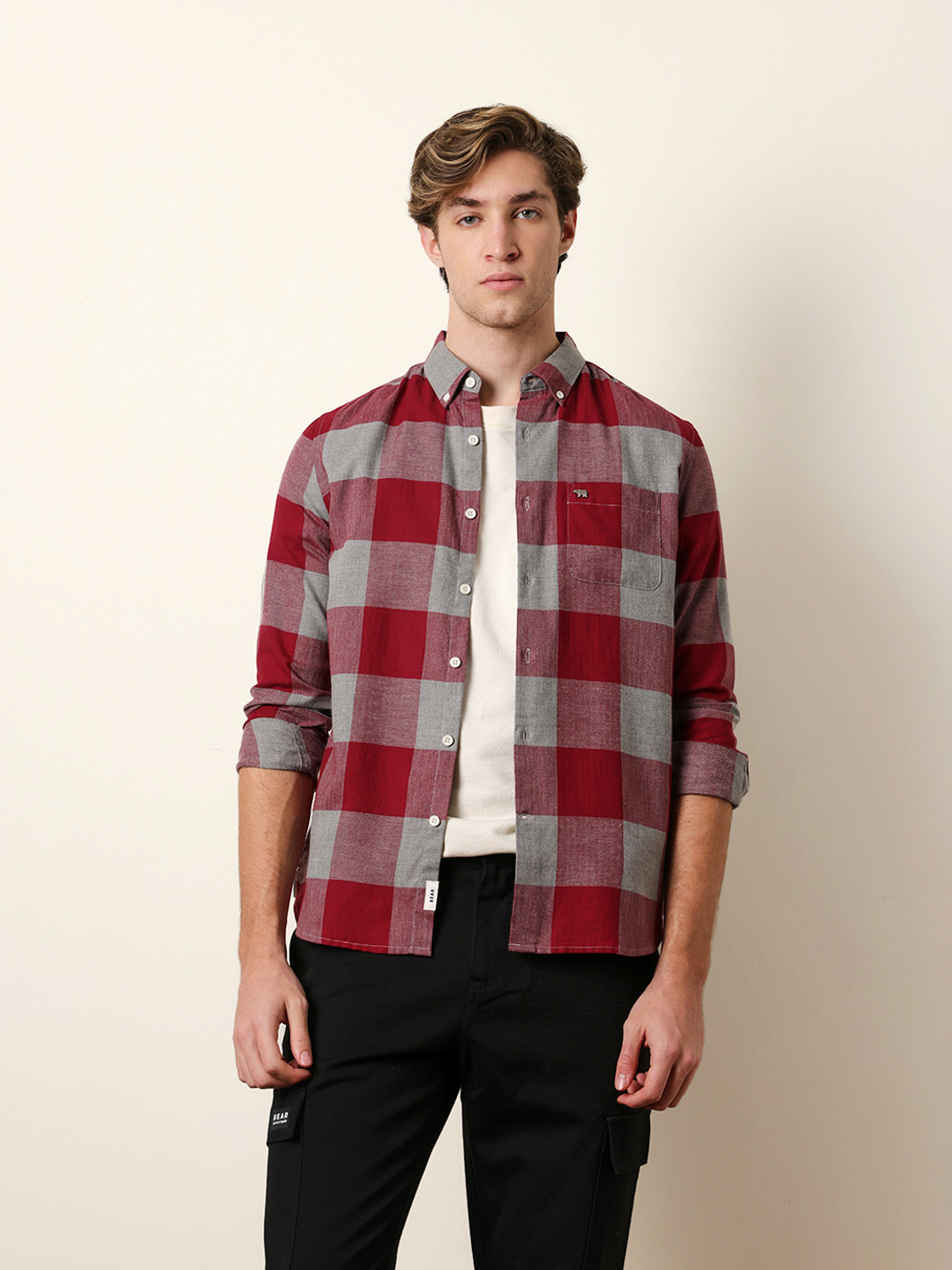 Image of THE BEAR HOUSE Men Checkered Casual Maroon Shirt