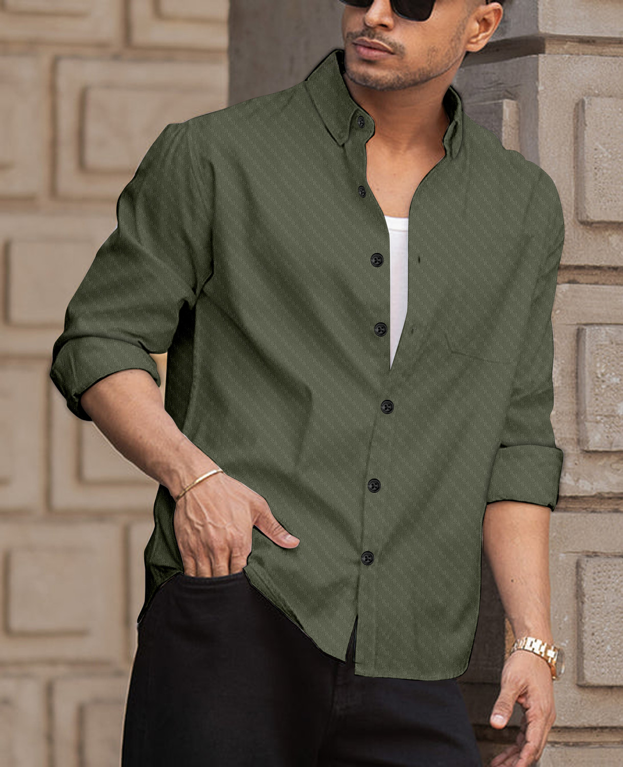 Image of Shubhlakshmi Men Self Design Casual Green Shirt
