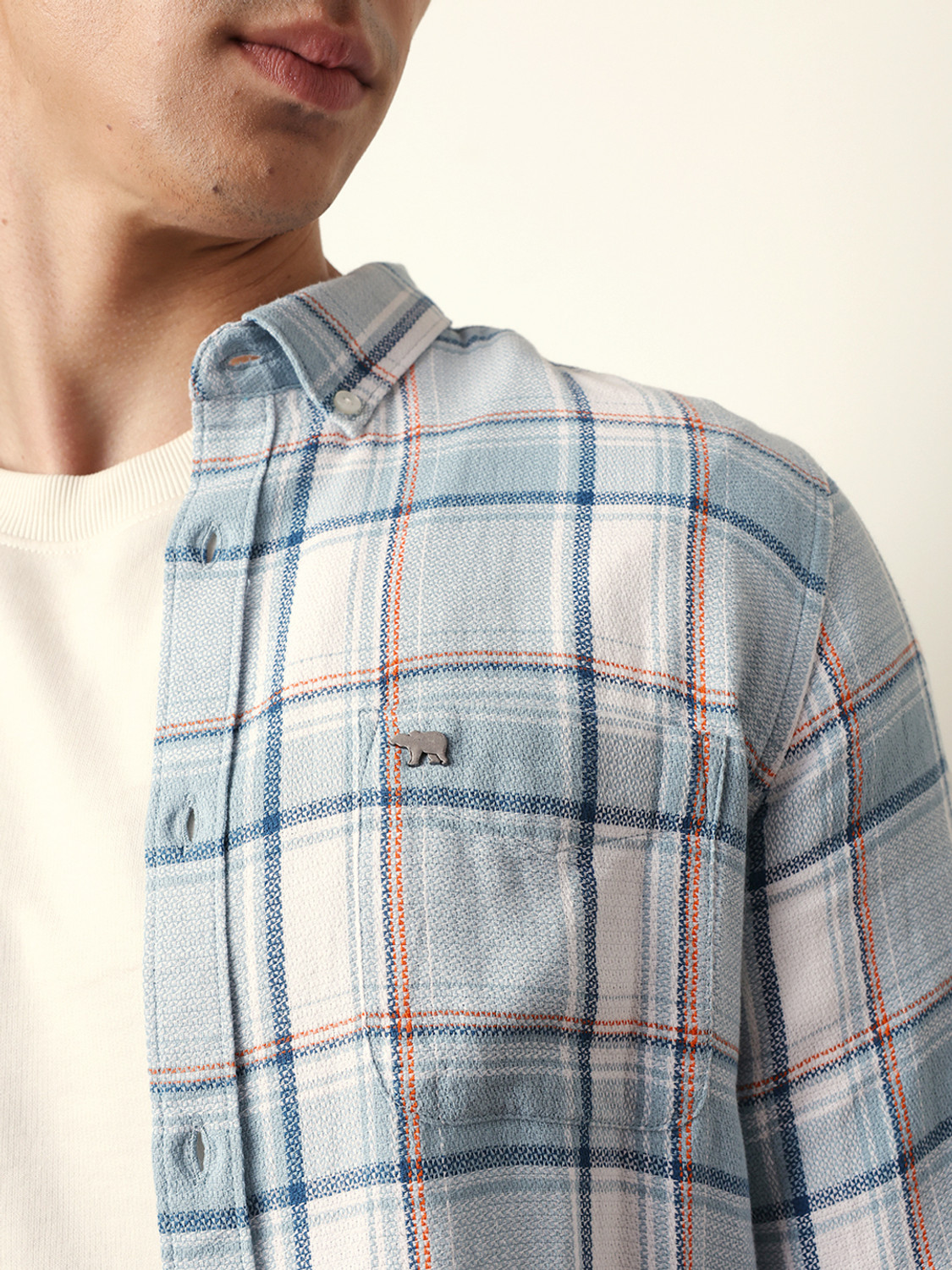 Image of THE BEAR HOUSE Men Checkered Casual Blue Shirt
