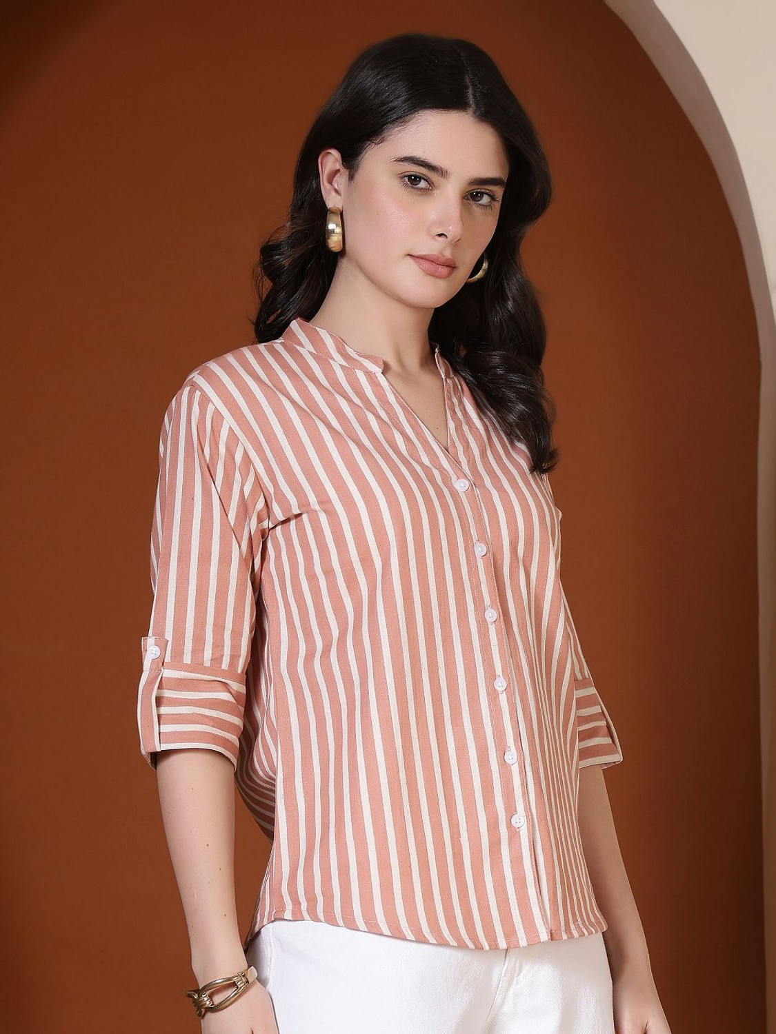 Image of FebQ Women Regular Fit Striped Mandarin Collar Casual Shirt